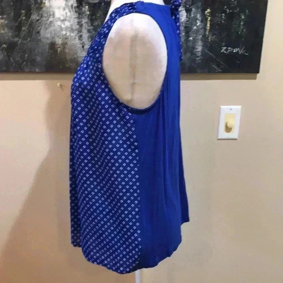 ELLE Royal Blue Pleated Neckline with Tie Back Sleeveless Mixed Media Top-M - Picture 2 of 4